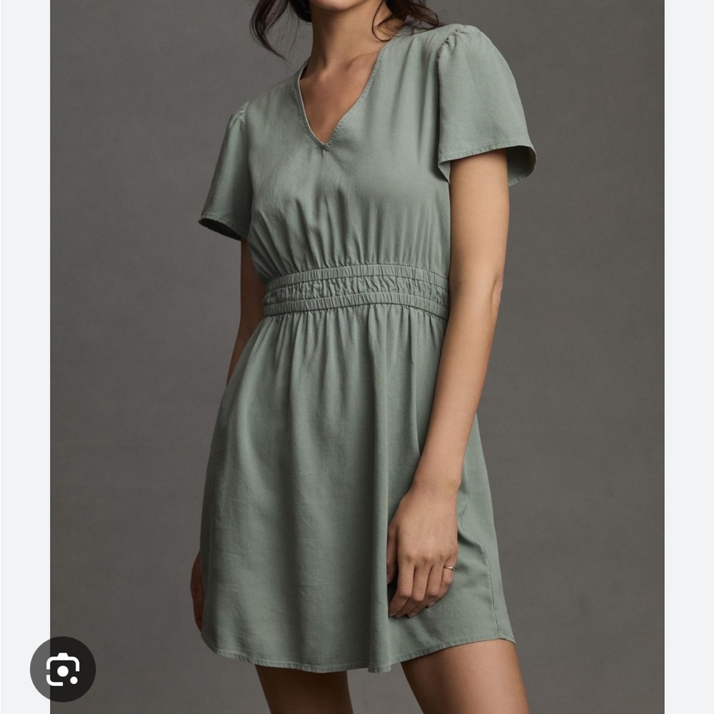 Anthropologie Cloth & Stone Flutter Sleeve V-Neck Dress in Moss